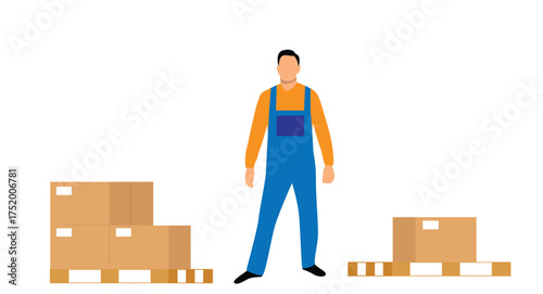 Warehouse Worker with Boxes Isolated on White. People and industry profession vector art