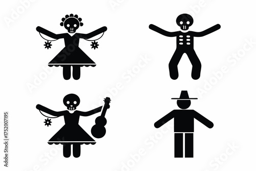 Mexican Festival Vector Pack, Dance, Music, and Skeleton Illustration with Traditional Decorations isolated on white background