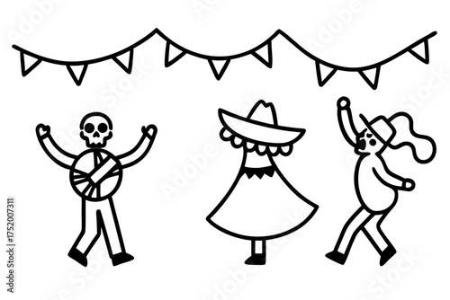Mexican Festival Vector Pack, Dance, Music, and Skeleton Illustration with Traditional Decorations isolated on white background