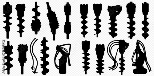 A collection of black silhouettes showcasing various industrial drill bits and augers on a transparent background.