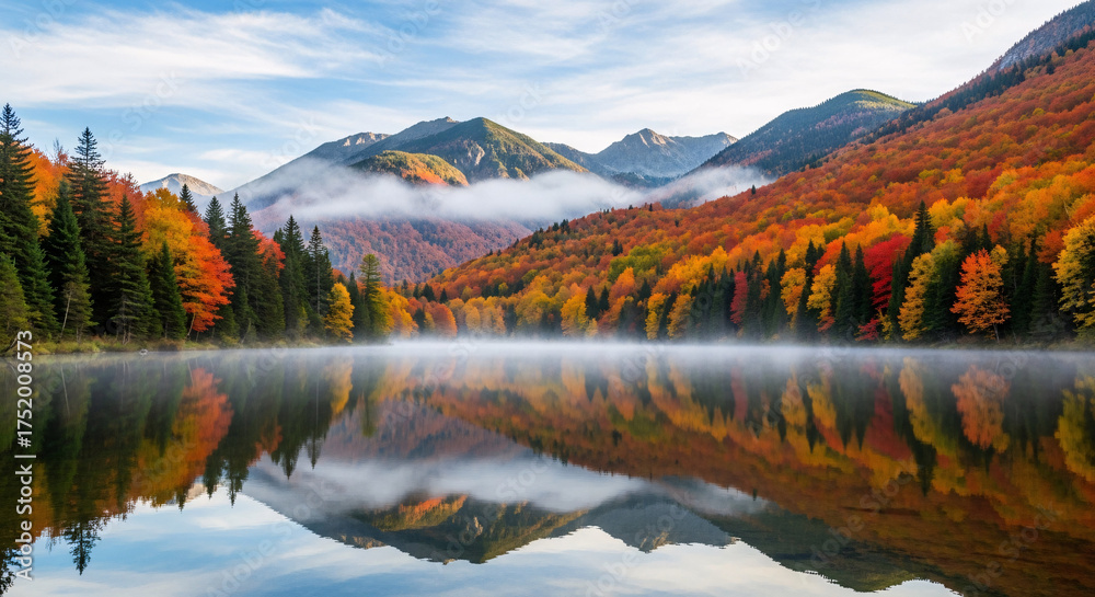 Obraz premium Serene Autumn Reflection: A breathtaking view of a tranquil lake mirrors the vibrant autumn colors of the surrounding trees and majestic mountains.