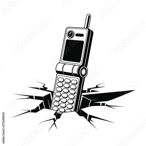 Broken Cell Phone Vector Stuck in Cracked Ground Depicting Obsolescence