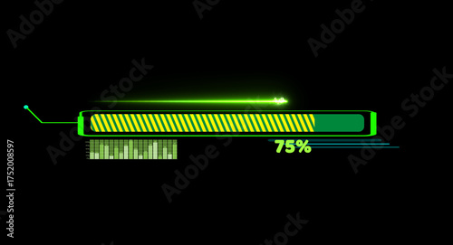Progress bar animation with laser shoot on callout and loading bar inside green yellow fill tone with numeric and 75 percent text and bar graph motion on the black screen