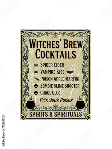 Spooktacular Halloween Cocktails Menu for a Bewitching Celebration, Featuring Witches' Brew, Spider Cider, Vampire Kiss, and Zombie Slime Shooters