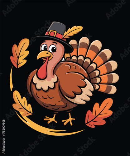 Happy Thanksgiving turkey wearing a hat, surrounded by autumn leaves.