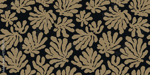 Vector seamless pattern with organic leaf shapes. Abstract luxury background texture with botanical elements, coral branches, foliage. Stylish elegant repeated design for decor, textile, fabric