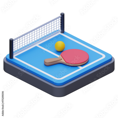 Dynamic 3D isometric illustration of a table tennis court. Features paddle, ball, and net, ideal for sports game design, digital recreation, and athletic visuals