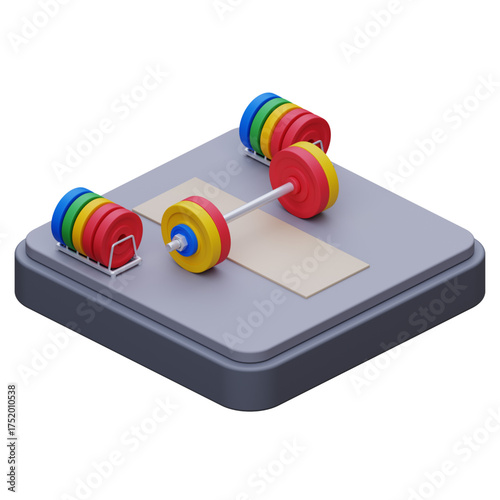 Dumbbells and weight plates on a lifting platform, a 3D isometric render of a gym workout setup for strength training and fitness exercises