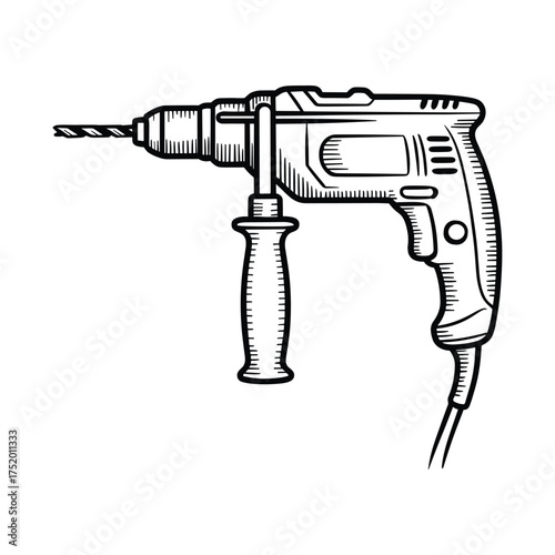 Electric Drill Vector Tool Illustration with Cord and Handle Black Outline