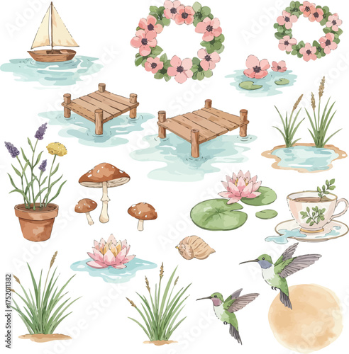 Watercolor illustration of summer pond scene