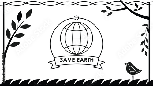 Elegant monochrome globe with the inscription "Save Earth" for environmental awareness campaigns and eco-friendly initiatives promotion