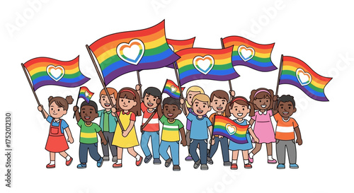 Multicultural children parade waving pride flags, diverse group unity and acceptance illustration