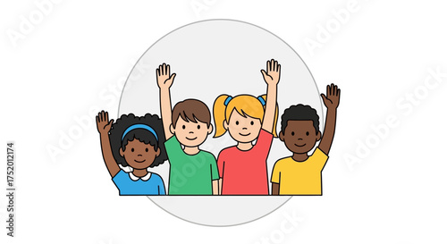 Diverse group of young students raising hands in a classroom setting illustration
