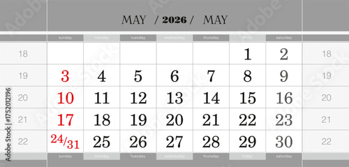 May 2026 quarterly calendar block. Wall calendar in English, week starts from Sunday.