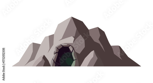 Mysterious cave entrance nestled within jagged mountains, inviting exploration adventure concept