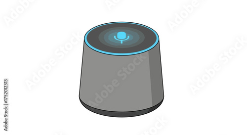 Isolated modern wireless speaker with a simple microphone icon symbolizing voice control technology