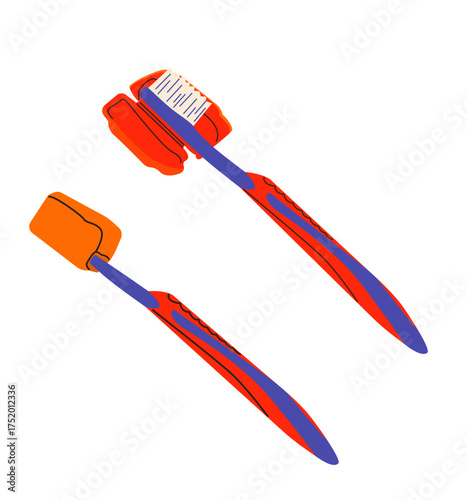 A toothbrush in a closed and open orange case. Protective cap for a toothbrush. Travel toothbrush case. Oral care, water treatments. Flat vector illustration on a white background