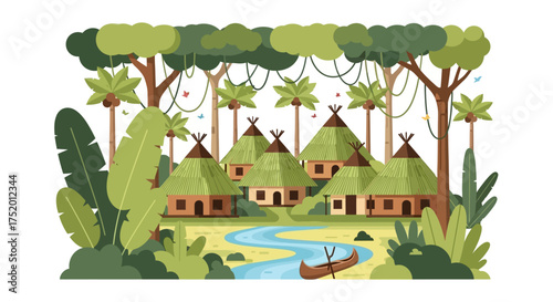 Lush jungle village scene with traditional huts nestled by a winding river and canoe