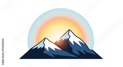 Stylized mountain peak illustration with a vibrant sunrise behind it and fresh snow