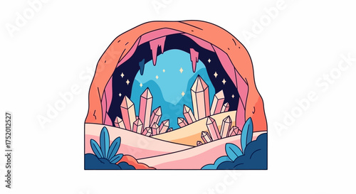Enchanting crystal cave scene with sparkling stars and soft pastel colors in a cartoon style