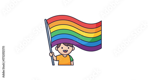 Joyful cartoon boy with rainbow flag celebrates love and diversity in colorful art