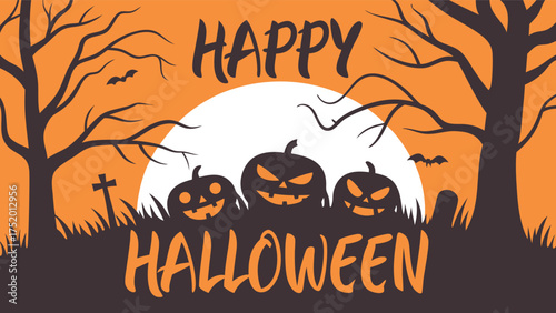 Spooky Happy Halloween pumpkins under moonlit night, a festive and fun design perfect for seasonal greetings and party invitations