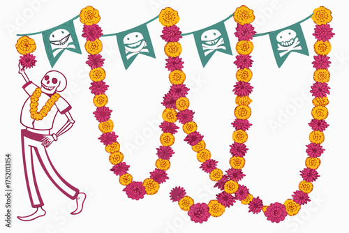 Marigold Flower Garland Vector, Cempasúchil Floral Decoration for Día de los Muertos Celebration 