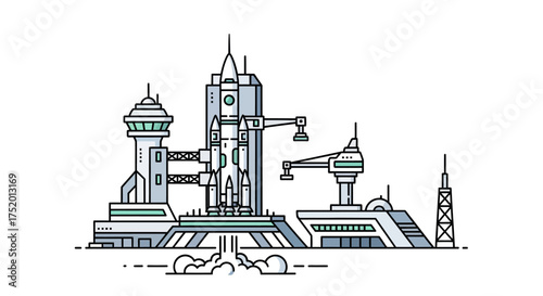 Stylized launch complex illustration with rocket, tower, and support structures creating a