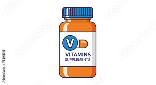 Vitamins supplements bottle illustration, promoting wellness and health benefits, vibrant orange