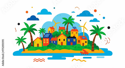 Vibrant tropical island community showcasing sustainable living and renewable energy sources