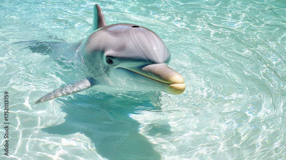 Obraz premium A dolphin swims just below the water's surface, looking towards the viewer. Calm, clear water