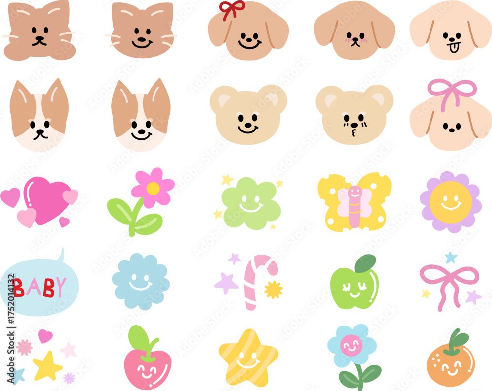 Fototapeta premium Cute vector illustrations of puppy, teddy bear and cat expressions, butterfly, flower, heart, orange, apple, candy for cartoon characters, comic, animals, pet shop, vet, emoji, mood, emotion, fruits