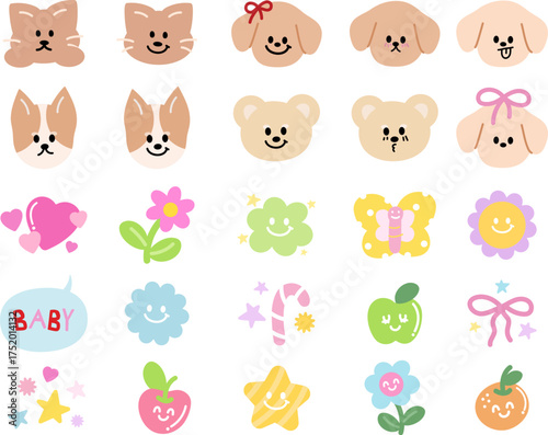 Cute vector illustrations of puppy, teddy bear and cat expressions, butterfly, flower, heart, orange, apple, candy for cartoon characters, comic, animals, pet shop, vet, emoji, mood, emotion, fruits