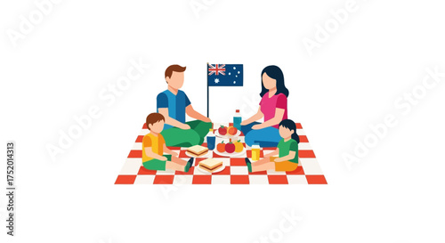 Cartoon family enjoying outdoor picnic on a checkered blanket with Australian flag backdrop