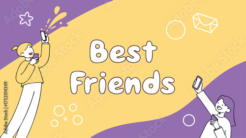 Celebrating friendship with social media connections, best friends making memories, capturing moments of joy and happiness on their phones