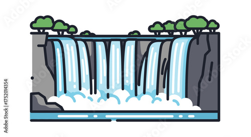 Stylized majestic waterfall illustration amidst rocky terrain and verdant treescape scenery