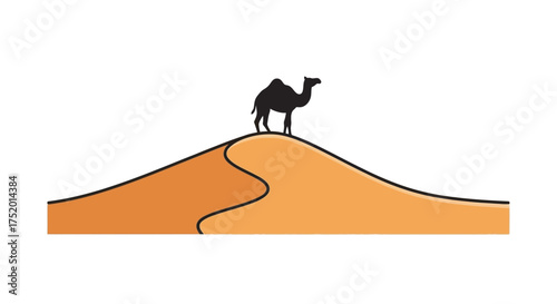 Minimalist desert journey design with camel silhouette atop sandy dune illustration