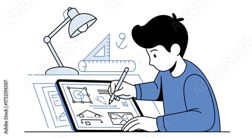 Digital innovation: A young creator sketches architectural designs on a tablet with stylus pen