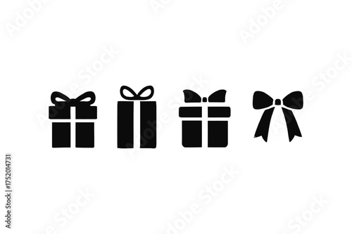 Collection of four festive gift boxes with decorative bows for celebrations and holidays