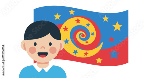 A delightful cartoon boy smiles with a vibrant celestial banner behind him celebrating dreams and