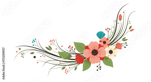 A whimsical floral arrangement with delicate blossoms and greenery evokes natural beauty.