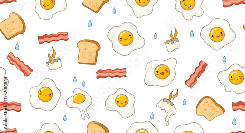 Cute kawaii breakfast pattern featuring fried eggs bacon and toast.