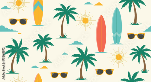 Sunny summer beach vacation with surfboards and palm trees.