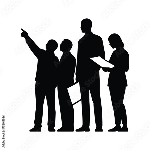 Teamwork and collaboration people in silhouette pointing and discussing a plan