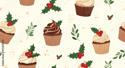 Festive cupcakes decorated with holly and berries for the holidays.