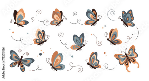 A collection of whimsical illustrated butterflies fluttering in graceful patterns