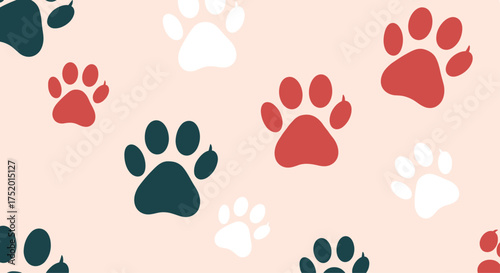 An adorable repeating pattern of red and blue paw prints on a light pink background.
