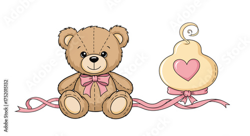 A cute teddy bear with a pink bow sits next to a decorative pear-shaped object with a pink heart.