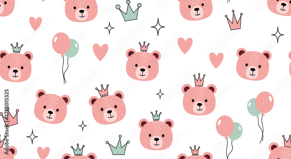 Fototapeta premium Adorable pink teddy bears wearing crowns and little hearts as birthday decorations.