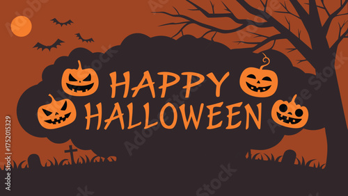 Spooky Halloween greeting with grinning pumpkins, bats, and a gnarled tree on a ghostly night, perfect for holiday promotions and cards